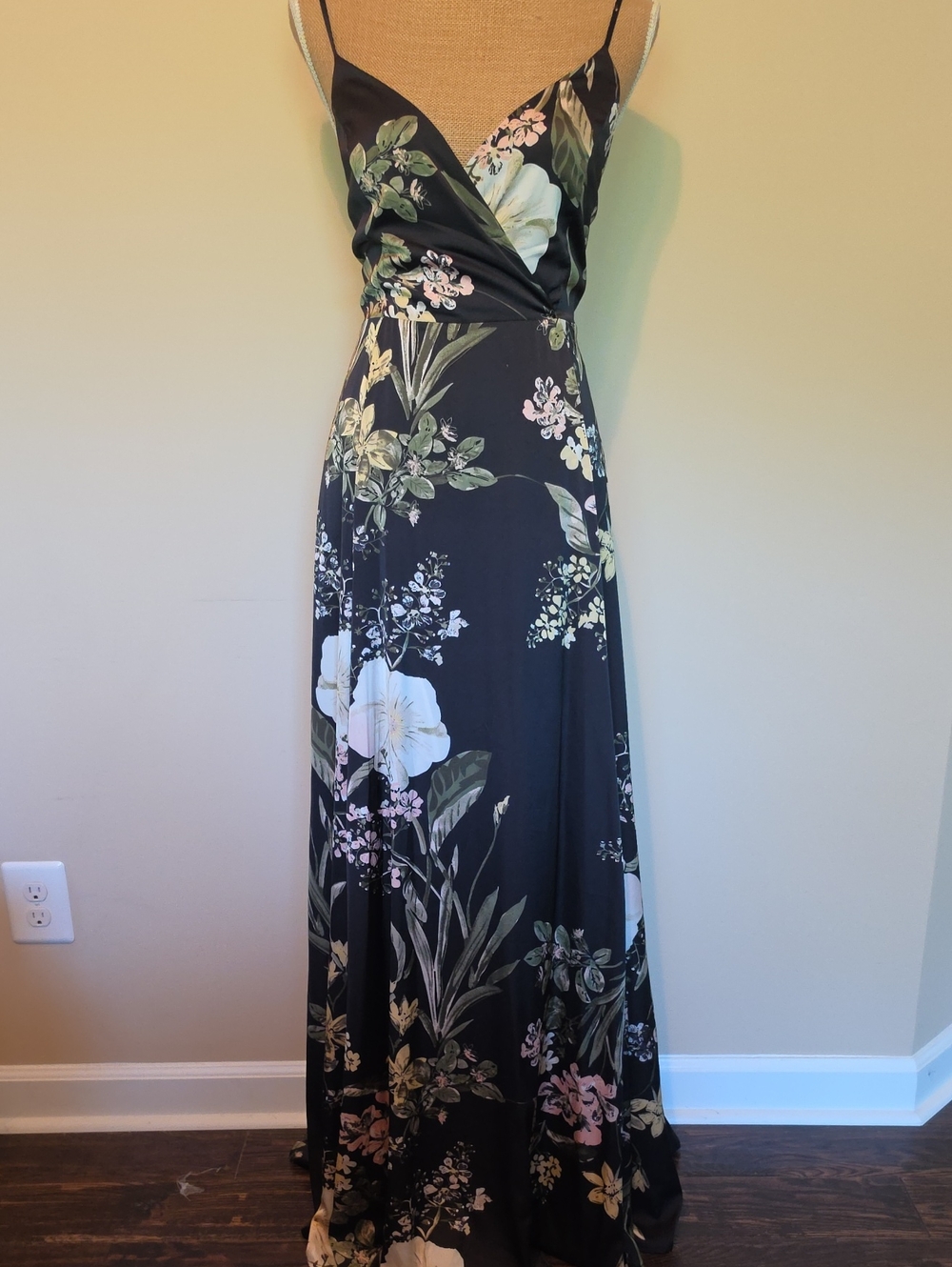 Lulu's Black Floral Wrap Maxi with Spaghetti Straps